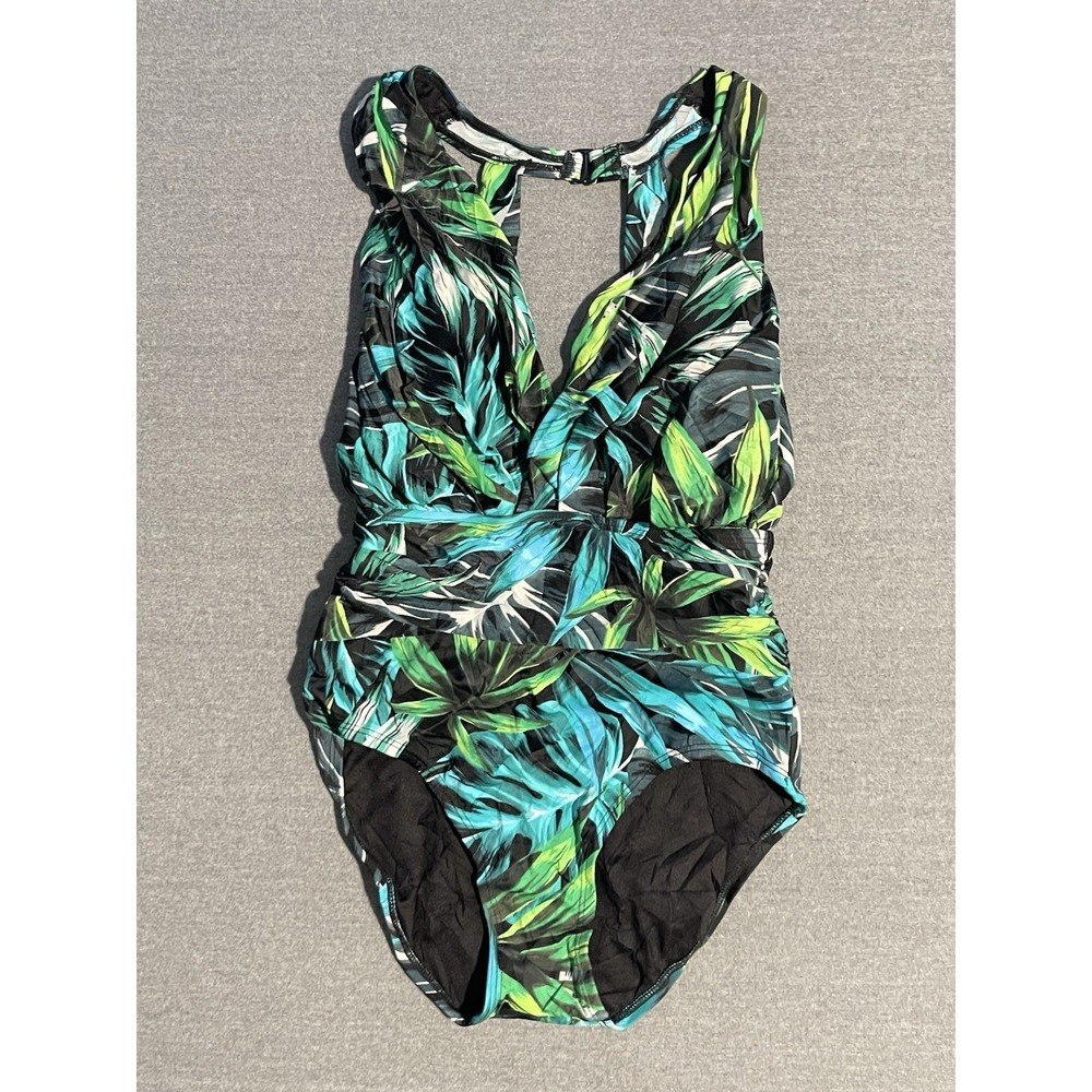Women's Tropical Leaf Print‎ One Piece Swimsuit Plunge Neck Ruched Tummy Control